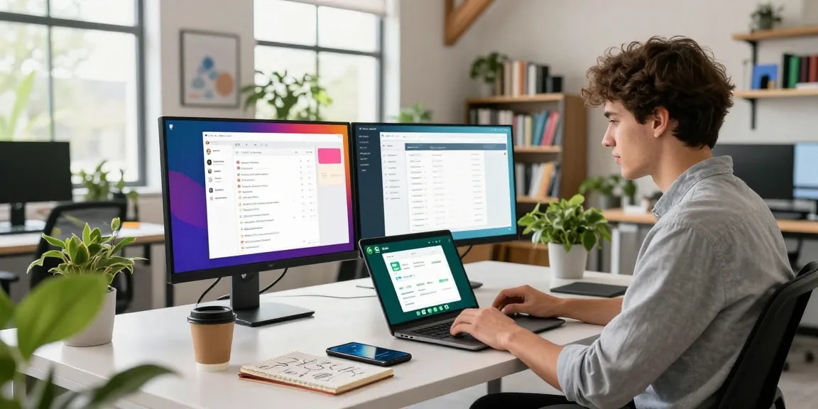 Young professional using WhatsApp電腦版 in a modern workspace with vibrant decor.