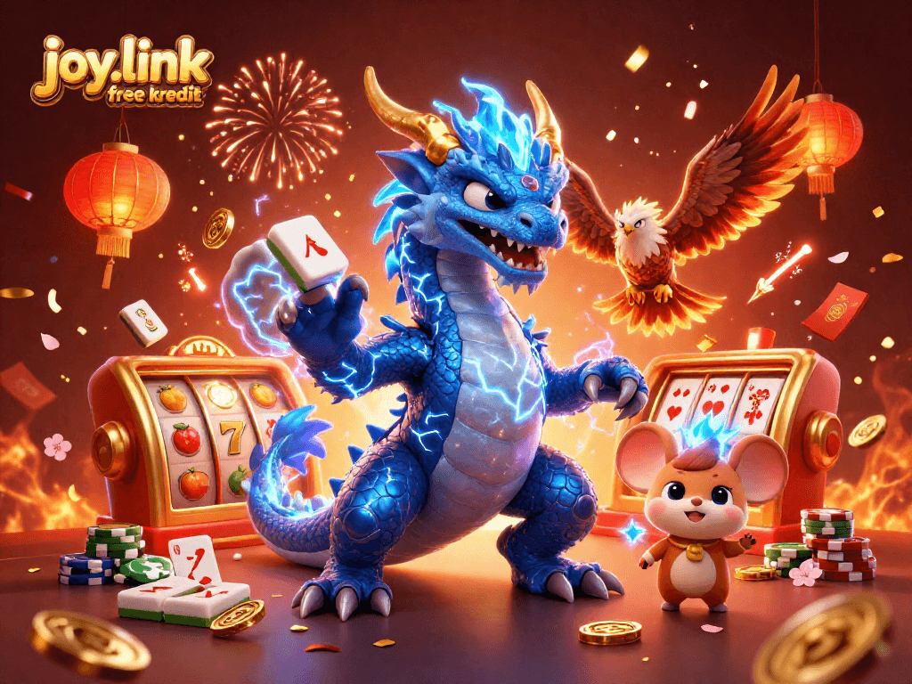Spin winning slots at joy.link free kredit with vibrant 3D casino characters amidst celebration elements.