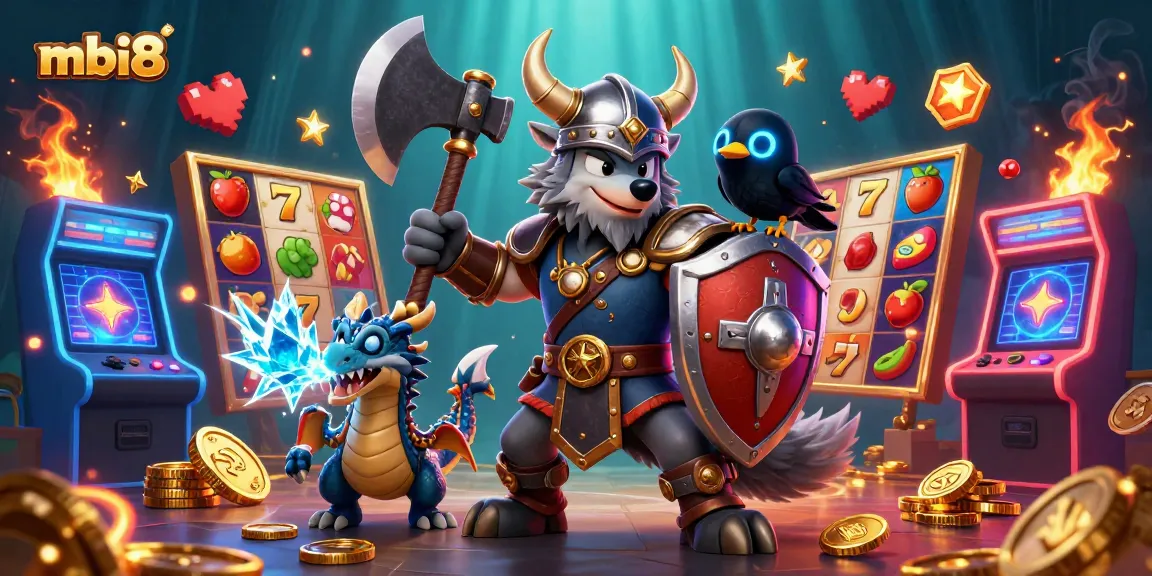 Join the thrilling adventures at mbi8 with a Viking wolf warrior, dragon, and glowing arcade excitement!