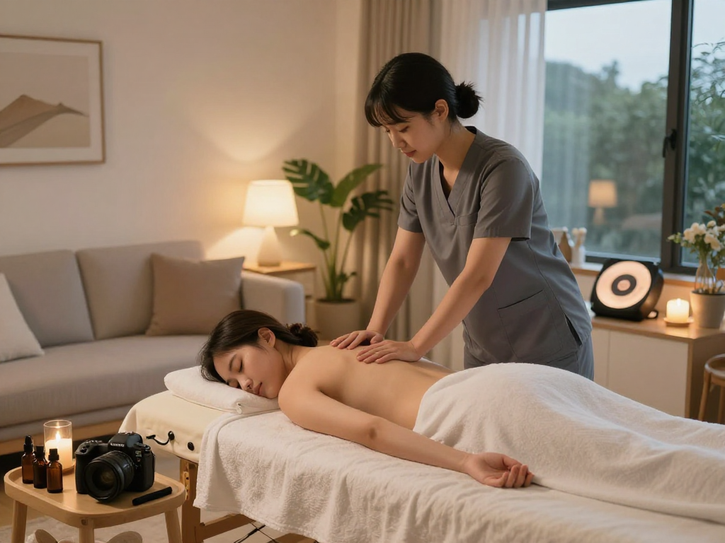 Relaxing 도봉출장마사지 in a cozy living room with a professional masseuse and calming atmosphere.