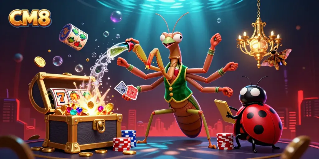 CM8 showcases a vibrant casino scene with a card sharp mantis dealing cards and gold coins exploding.