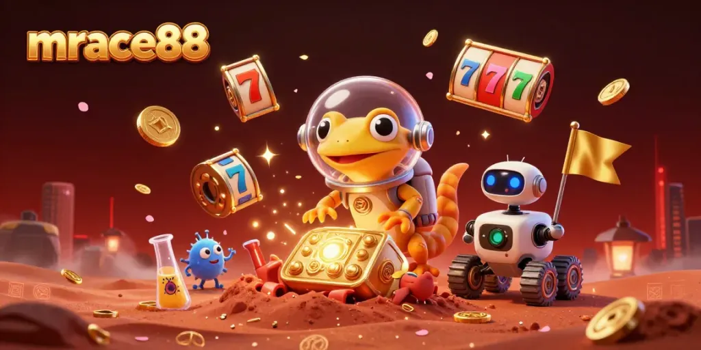 Experience thrilling wins with mrace88, a vibrant illustration of a Martian gecko discovering a golden casino.
