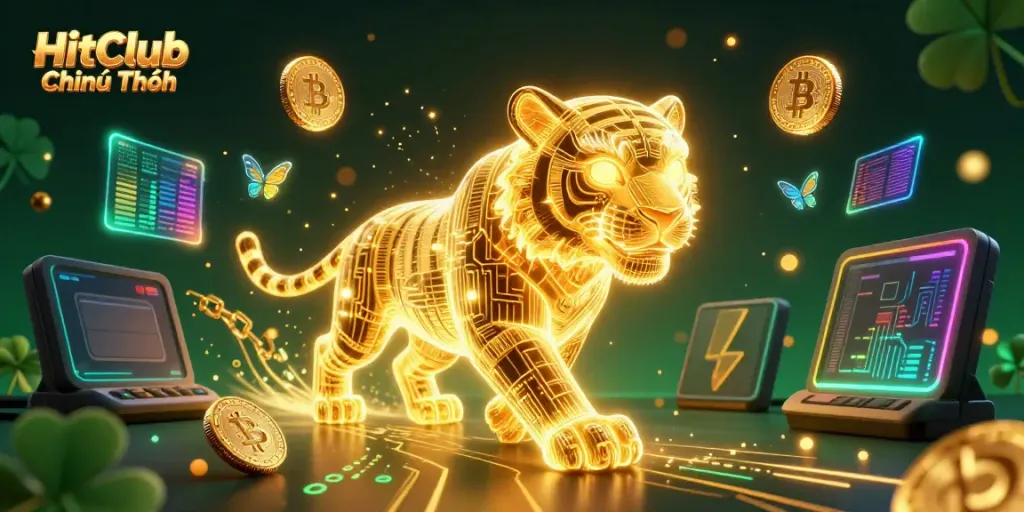 Engage in dynamic gaming with the neon tiger in HitClub Chính Thức's vibrant casino universe.