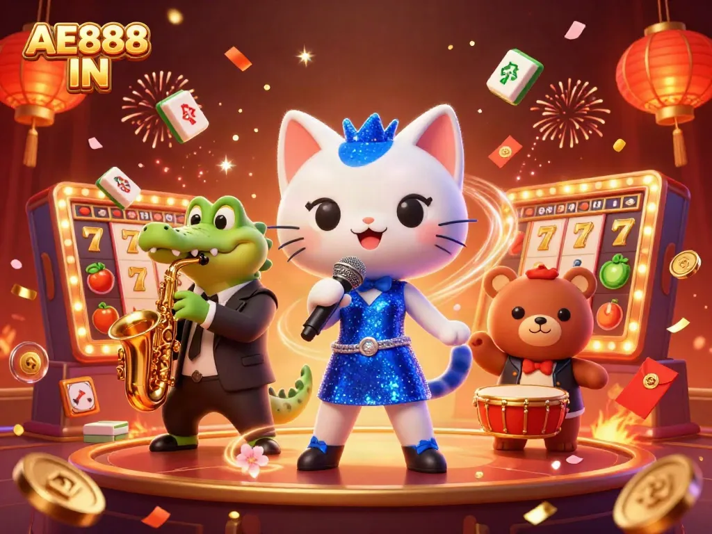 Enjoy a vibrant casino scene featuring AE888 IN with cartoon characters and exciting gambling elements.