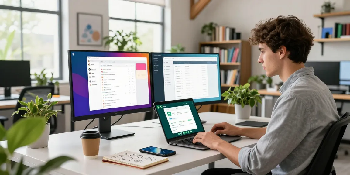 Young professional using WhatsApp電腦版 in a modern workspace with vibrant decor.