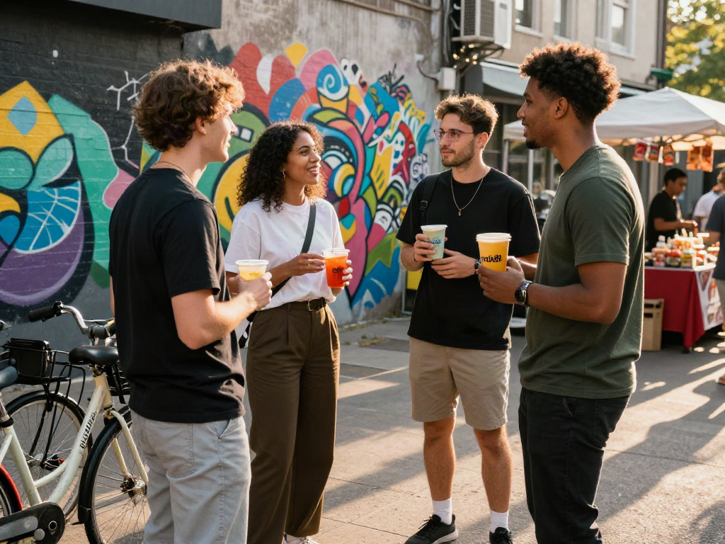 Young adults enjoying rokok88 products in a lively urban street setting.
