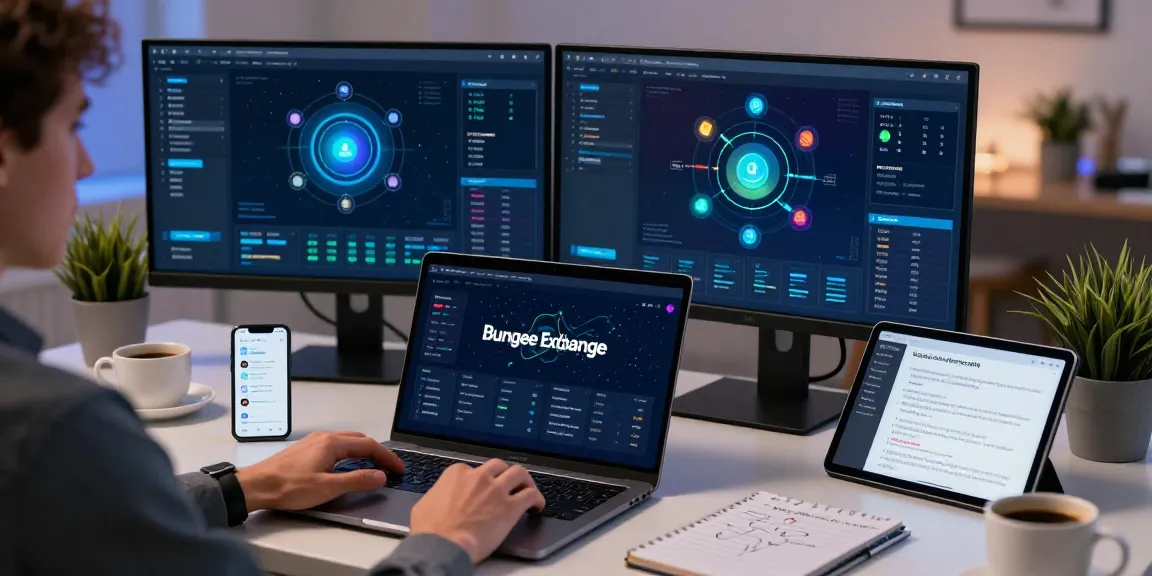 Bungeeexchange user engaging with blockchain transaction interface in a modern workspace.