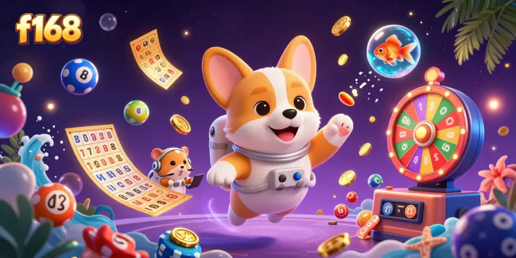 Experience the excitement of f168 casino adventures with animated corgi and dynamic gaming elements.