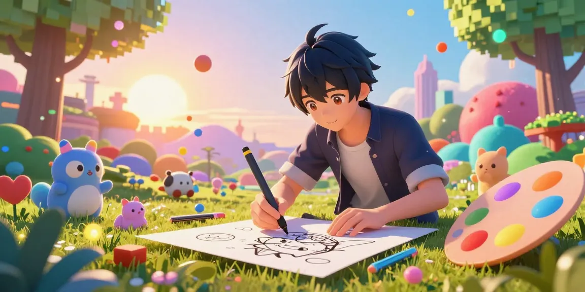 Vibrant AI ecchi character creating digital art in a whimsical environment with artistic tools.