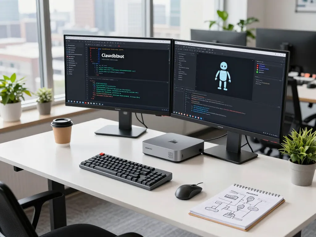 Developer using a Mac mini in a bright tech workspace with dual monitors displaying code and Clawdbot interface.