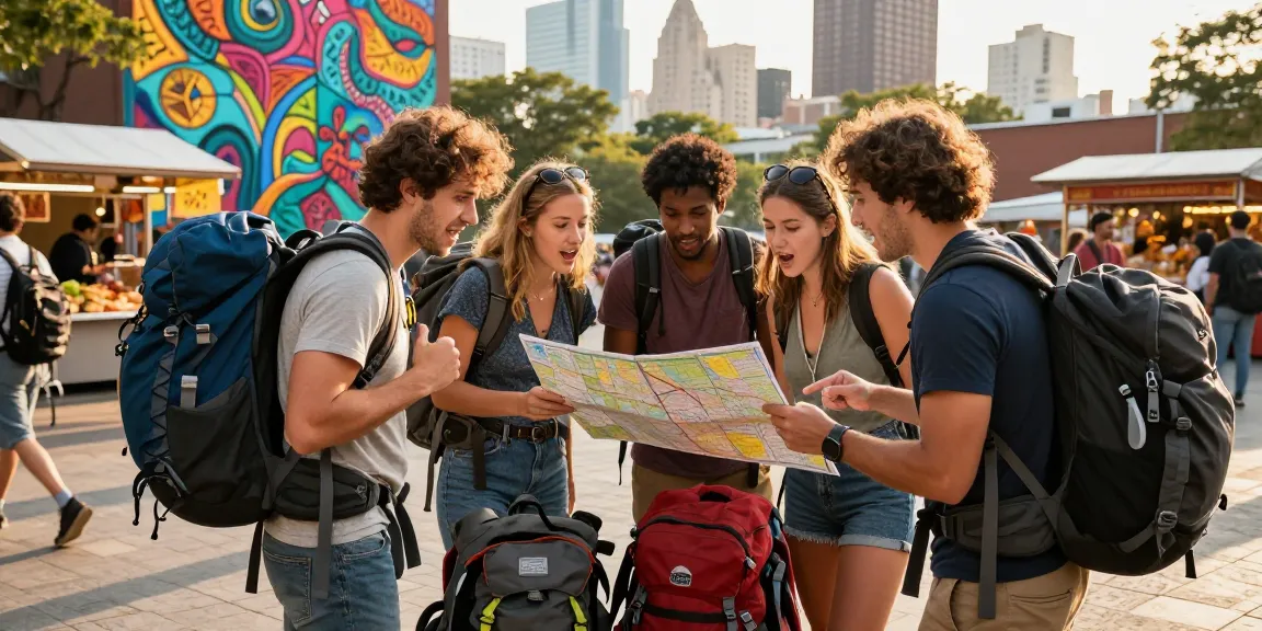 Travelers sharing tips at a city square near https://www.sukan8a.com/ with vibrant street art backdrop.