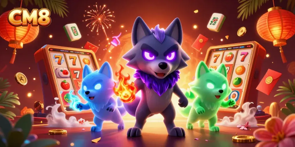 Engage in thrilling gameplay with CM8 at a vibrant casino filled with spectral wolves and dynamic slot elements.