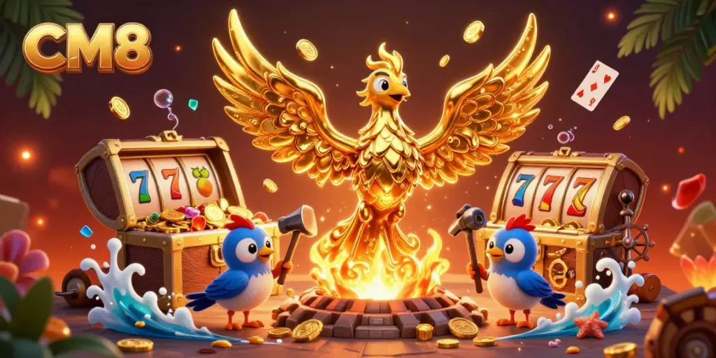 CM8 features a golden phoenix amid rich casino elements, showcasing thrilling moments of gaming.