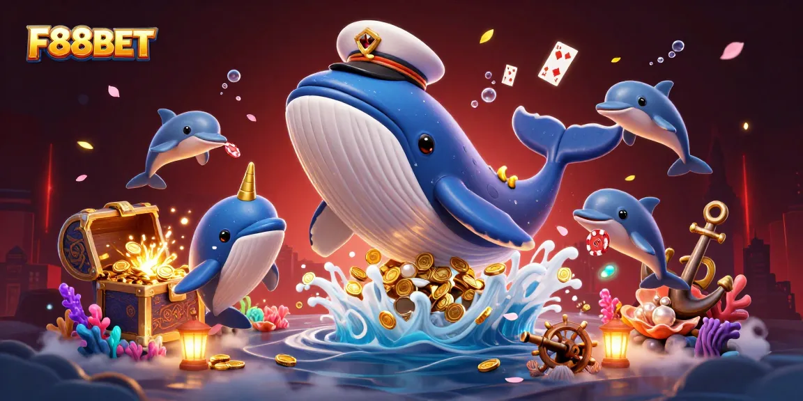 Join the adventure at F88BET with a 3D whale, dolphins, and treasure in a vibrant casino scene.