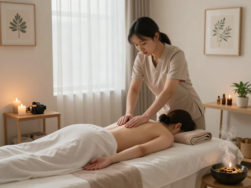 Discover the soothing experience of 은평구출장안마 in a serene massage therapy scene with essential oils and calm lighting.
