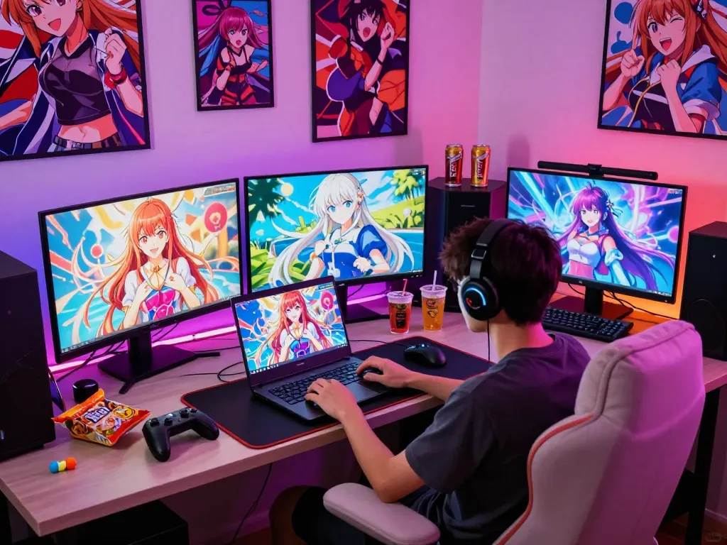 Player engaged in a thrilling porno game in a vibrant gaming room with animated visuals and snacks.