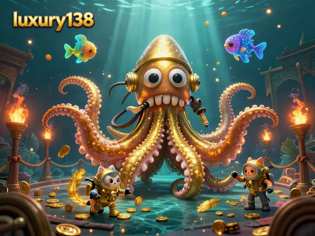 Immerse in luxury138's gaming experience with a vibrant scene of a kraken and diving cat surrounded by casino elements.