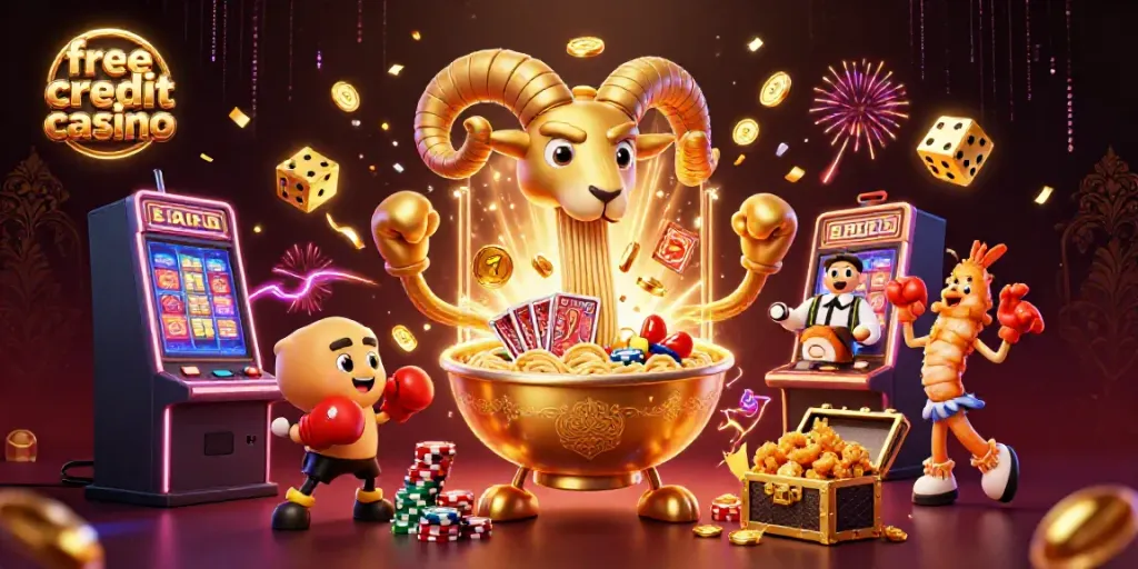 Engage with the thrilling "free credit casino" scene featuring an animated ramen bowl dealer and lively game elements.