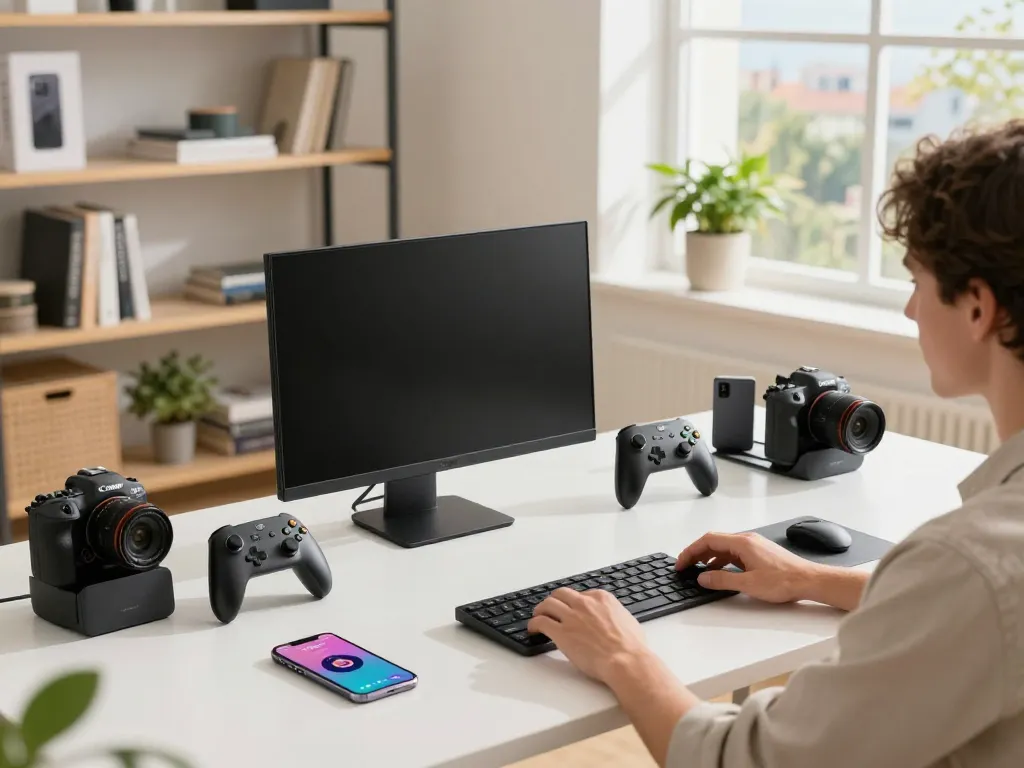 Tech enthusiast surrounded by must-have tech gadgets in a modern office.