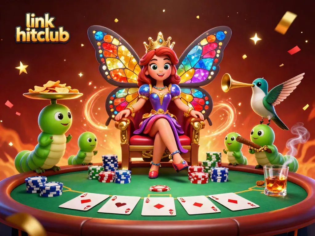 Experience the excitement with link hitclub, featuring a vivid casino scene with a butterfly queen and poker elements.