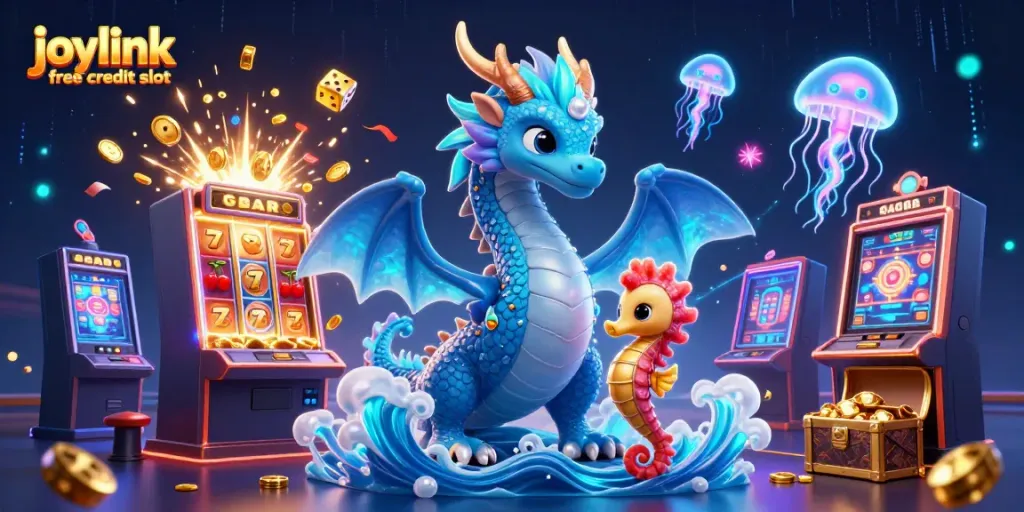 Experience the excitement of joylink free credit slot featuring vibrant 3D dragon and slot machine.
