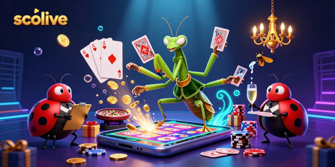 Socolive offers an exciting experience with a cartoon mantis dealer and ladybug pit boss amidst vibrant gambling elements.