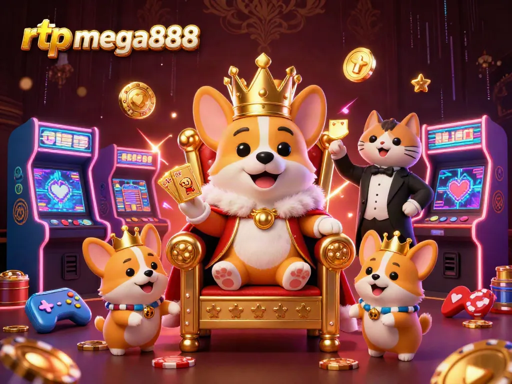Engage in gaming adventures with rtp mega888 in a vibrant 3D casino scene featuring royal corgis.