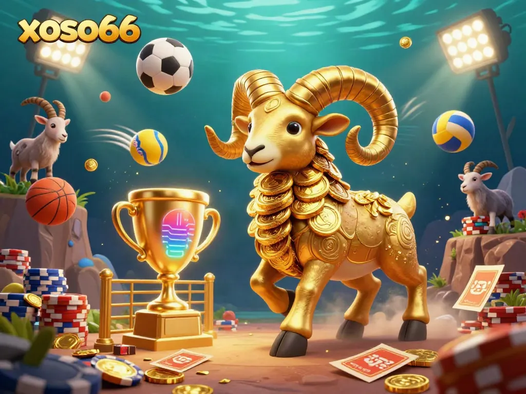 Engage with xoso66 in a vibrant 3D scene showcasing dynamic sports betting elements and a striking golden ram.