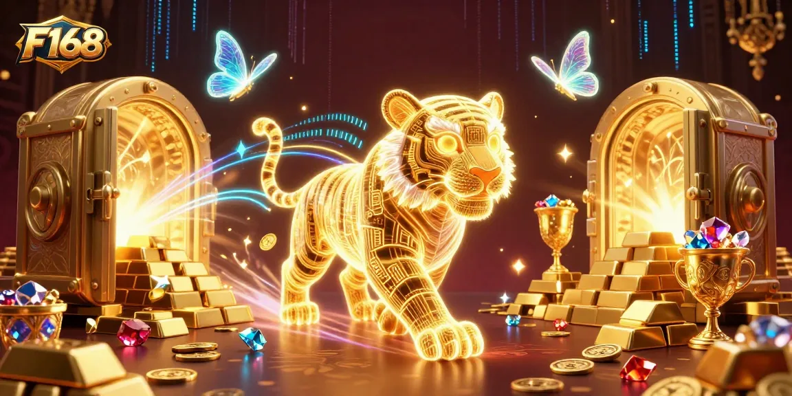 Experience the thrill of winning at F168 with a neon-wireframe golden tiger amidst a dazzling casino.