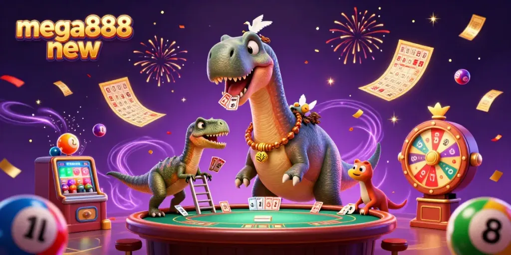 Experience the excitement of mega888 new with this vibrant 3D casino scene featuring animated characters and games.