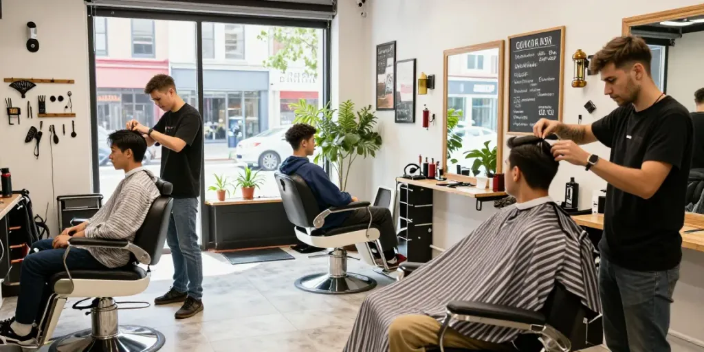 ROKOK88 barbershop scene showcasing modern haircuts and stylish decor