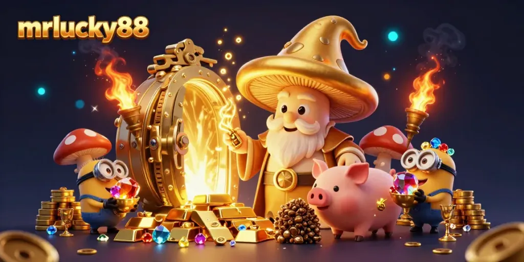 Experience magic and treasure with mrlucky88's golden wizard and animated gems in this thrilling casino scene.